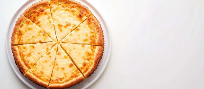 Traditional cheese Pasca cake presented from a top perspective on a clean white background showcasing its golden crust and creamy texture