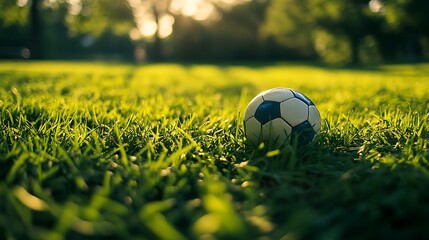 there is a soccer ball sitting in the grass on the field