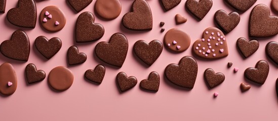 Fototapeta premium Chocolate heart-shaped cookies arranged artistically on a pink background appealing to dessert enthusiasts and sweet lovers.