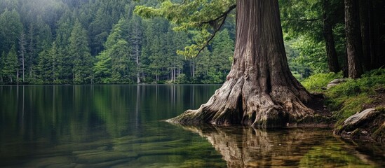 Majestic tree trunk reflected in tranquil lake surrounded by lush green forest and serene nature setting