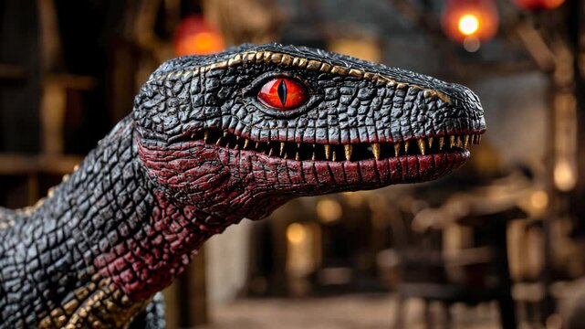 Dinosaur animatronic comes to life in urban setting with dynamic movement
