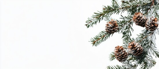 Obraz premium Spruce branch with pine cones isolated on white background showcasing natural beauty and winter elements for seasonal themes.