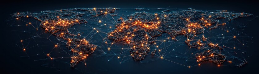 A digital map of the world illuminated with bright, interconnected nodes representing global connectivity and data flow.