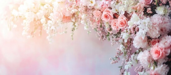 Elegant floral wedding arch adorned with pastel roses and blossoms perfect for romantic ceremonies and outdoor events