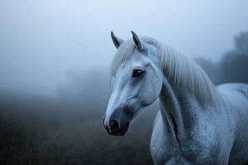Obraz premium A white horse stands in a foggy field, providing a serene atmosphere