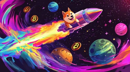 Dogecoin Rocket with Shiba Inu Pilot Soaring Through Coin Planets