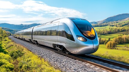 Naklejka premium A sleek, aerodynamic train with a silver exterior speeds through the countryside, its powerful engine propelling it effortlessly along the tracks.
