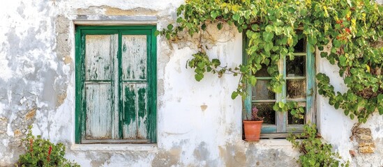 Rustic charm of an aged house with white walls and green accents surrounded by lush greenery and vintage wooden windows.