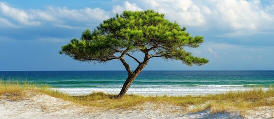 Lone pine tree standing by the beach with clear blue ocean waves and a bright sky in the background showcasing a serene coastal landscape
