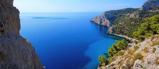 Breathtaking coastal landscape featuring tranquil azure waters and lush greenery under a clear blue sky