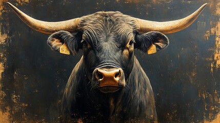 there is a painting of a bull with horns on a black background