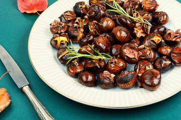 A plate of roasted chestnuts.