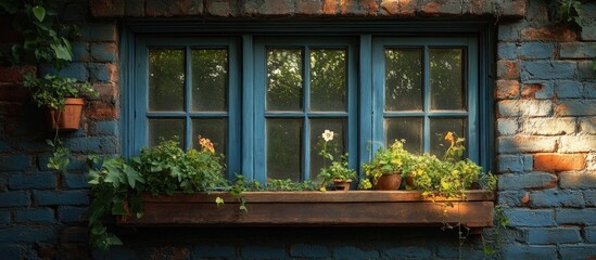 Charming vintage window with flower pots and greenery against a rustic brick wall creating a cozy inviting atmosphere