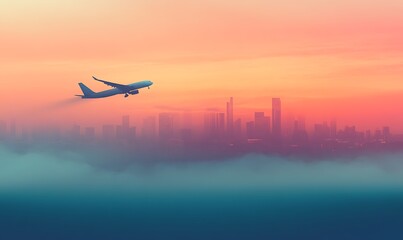 A plane flying over a city skyline at sunset with clouds below.