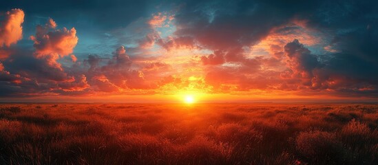 Fototapeta premium vibrant sunset over a grassy landscape with dramatic clouds and warm colors depicting the beauty of nature at dusk