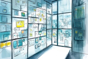 A modern workspace filled with sketches and notes on walls, showcasing creative ideas.
