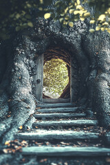 Obraz premium Roots and foliage frame the rustic entrance of a magical tree, creating a tranquil fantasy setting perfect for storytelling