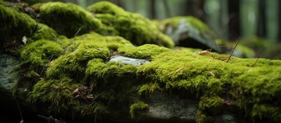 Obraz premium moss covered rocks in a serene forest representing tranquility and the beauty of nature for hiking and outdoor exploration