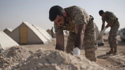 Humanitarian Mission with Soldiers Building Shelters for Families