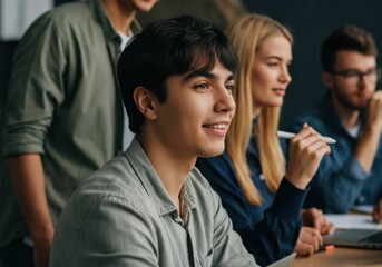 Focused young man in a group study session