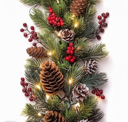 Pinecone and berry garland lit with twinkling lights for festive occasions isolated. Background, Created with Generative AI