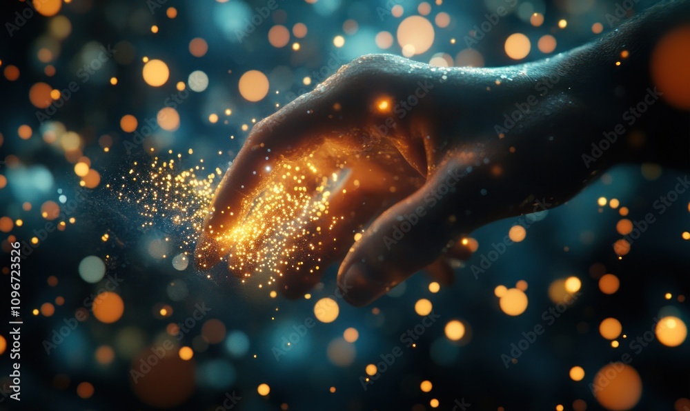 Aufkleber A hand reaching towards shimmering particles, symbolizing creation and connection.