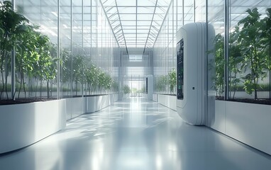 Futuristic industrial greenhouse utilizing cuttingedge technology for optimal plant growth, featuring automated irrigation, sensors, and smart systems