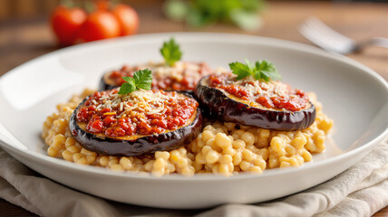 Keto stuffed eggplant with tomatoes and herbs served over cauliflower rice