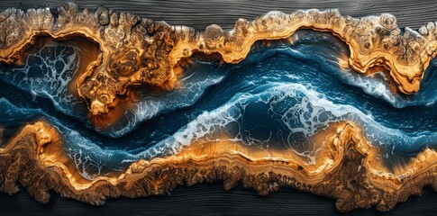 Stunning Aerial View of Turquoise Resin River on Cracked Wood, Hyper Realistic Nature and Wood Grain Texture