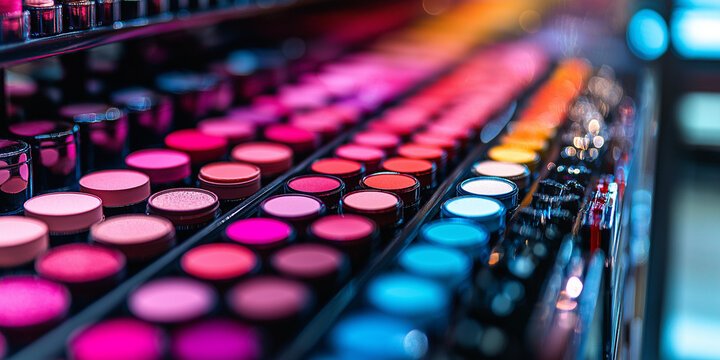 A colorful makeup selection showcasing various vibrant shades displayed in neat rows, beautifully capturing an array of eye-catching and trendy cosmetic options.