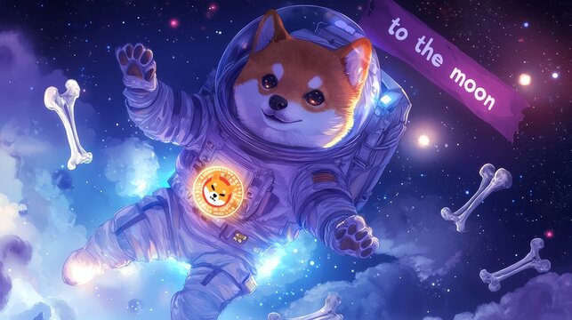 Shiba Inu Astronaut Holding Crypto Coin in Cosmic Zero Gravity. Cryptocurrency Background Ilustration.