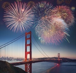 new year celebration at golden gate bridge, USA, America. fireworks. Generative AI
