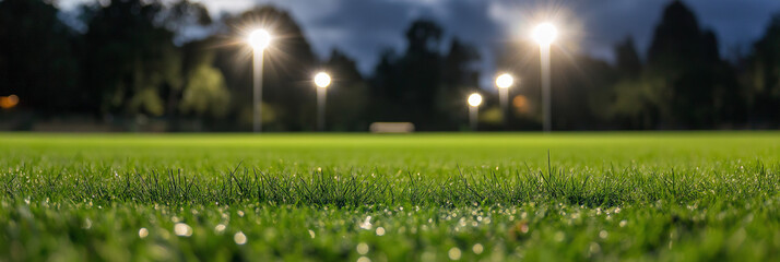 A sports field covered in lush green grass illuminated by bright stadium lights at night, creating an atmosphere of anticipation and competitive spirit.
