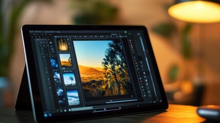 A digital tablet displays a landscape photograph being edited in photo editing software. Warm lighting illuminates the scene, creating a cozy and focused atmosphere.