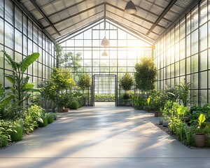 Industrialstyle greenhouse nurturing plants and tree seedlings in a spacious, modern environment with abundant natural light and metal structures