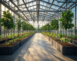 Industrialstyle greenhouse nurturing plants and tree seedlings in a spacious, modern environment with abundant natural light and metal structures