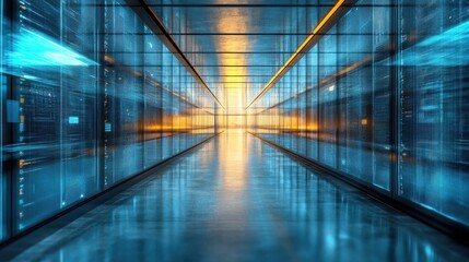 A futuristic server room corridor glows with vibrant blue and orange light. Data streams across the glass walls, creating a mesmerizing digital landscape.
