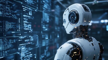 A futuristic white robot examines lines of code on a large digital screen. The scene is dark and moody, highlighting the robot's sleek design.