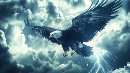 Obraz premium Majestic bald eagle in flight against a dramatic, stormy sky. A powerful symbol of freedom and strength.