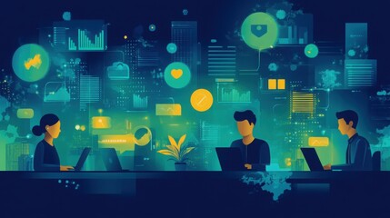 Teamwork makes the dream work! A diverse team collaborates on a data-driven project, surrounded by vibrant visualizations and digital information.