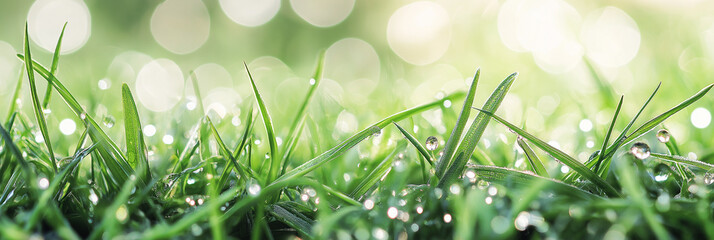Morning dew glistens on fresh green blades of grass, capturing the essence of a serene start to the day with sparkling drops of water reflecting the warm morning sun.