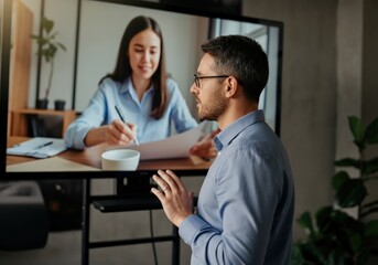 Fototapeta premium Man in Video Conference with Woman Signing Document