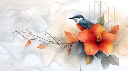 Design a colorful and dynamic pattern inspired by the lush foliage of the rainforest, featuring tropical flowers, exotic birds