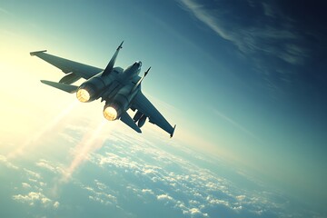Naklejka premium A fighter jet soaring through the sky, leaving trails of exhaust above the clouds.