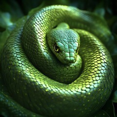 Fototapeta premium Striking Green Viper Coiled in Tropical Rainforest