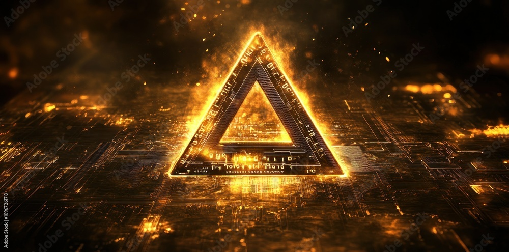 Poster A glowing triangular symbol over a digital background, suggesting technology and innovation.