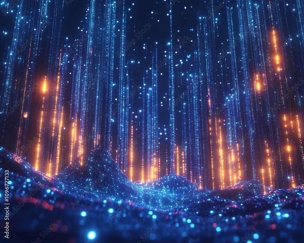 Poster binary code strings flowing in a digital network, dark blue cyberspace background, illuminated data 