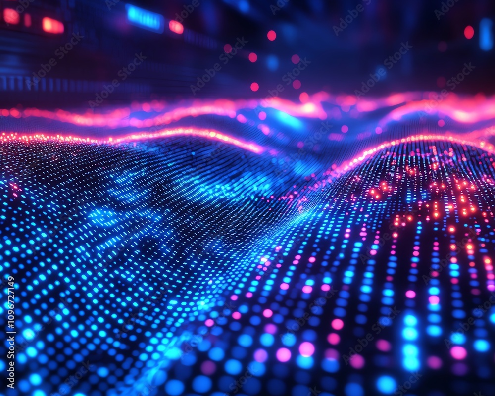 Poster binary code strings flowing in a digital network, dark blue cyberspace background, illuminated data 