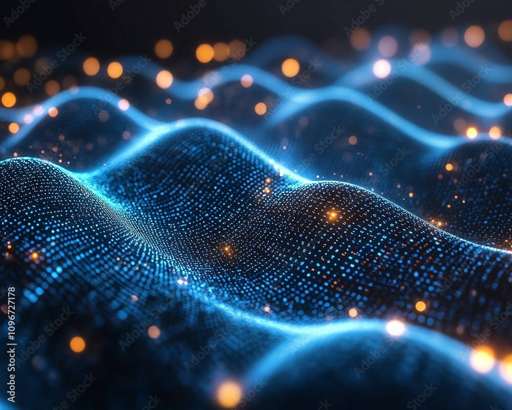 Poster binary code strings flowing in a digital network, dark blue cyberspace background, illuminated data 