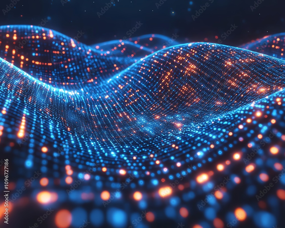 Poster binary code strings flowing in a digital network, dark blue cyberspace background, illuminated data 